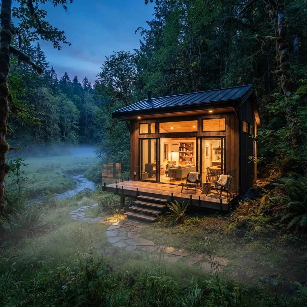 Cabana moderna iluminada integrada à natureza no fim do dia